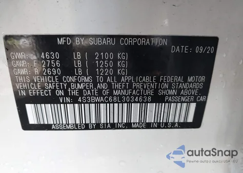 2020 Subaru Legacy Premium из США, поврежденный, VIN 4S3BWAC68L3034638